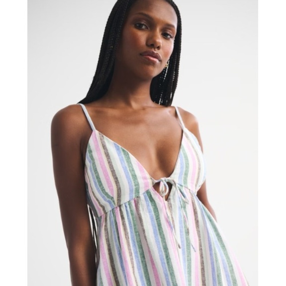 Abercrombie & Fitch Tie-Front Mini Dress Striped Linen Blend Multi Size Small